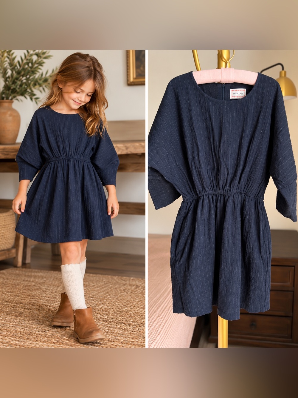 Morley Girls Dress Size 4 Navy Pinstripe Dolman Sleeve Wool Blend